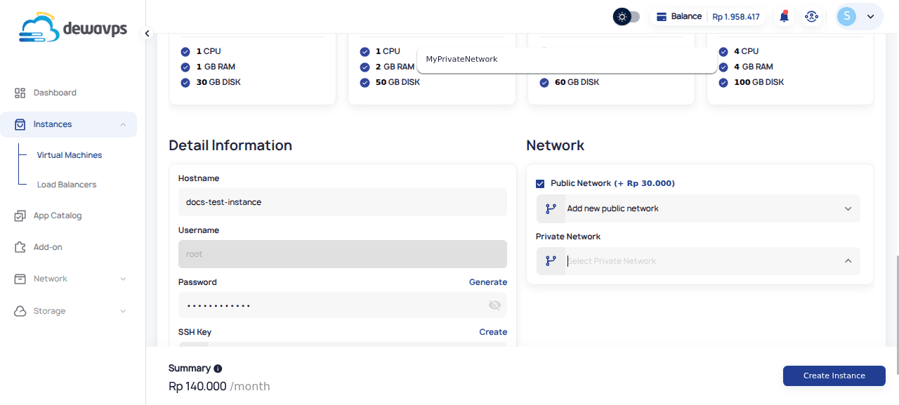 Private Network Dropdown