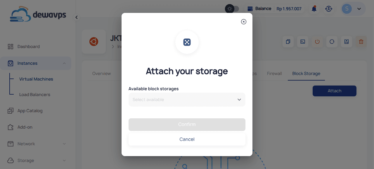 Attach Block Storage Dialog